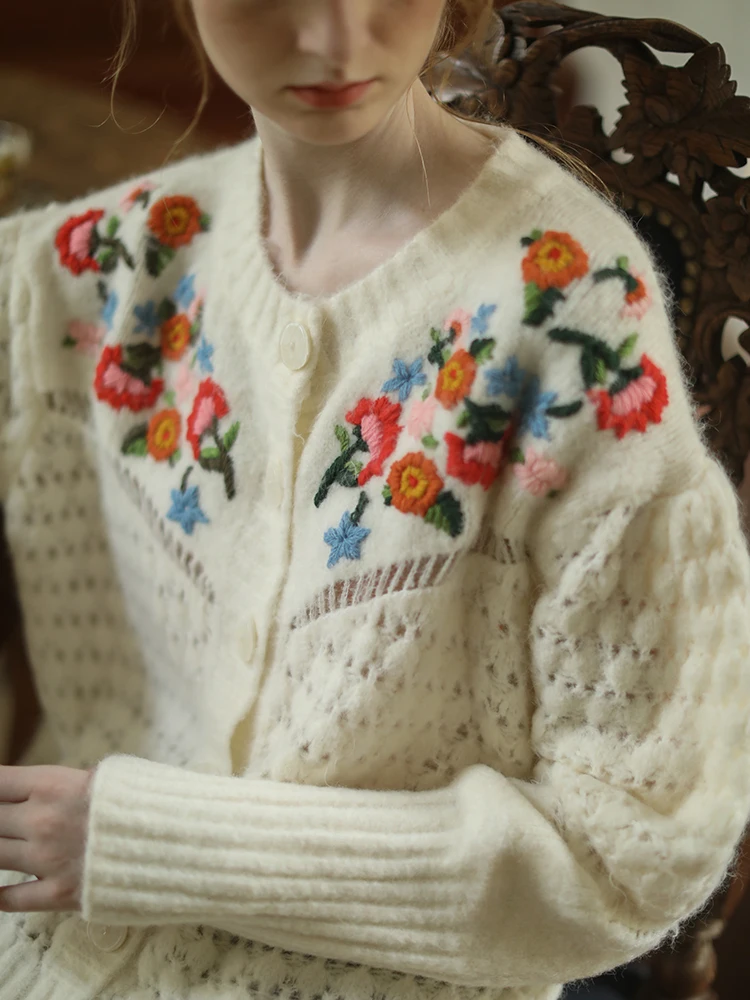 Женский винтажный кардиган шерстяной свитер с французской вышивкой ручной