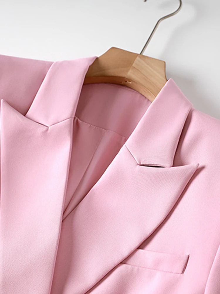 ZJYT Elegant Double Breasted Blazers for Women Jacket Coat Autumn Winter Notched Collar Pink Office Lady Outerwear Female Tops