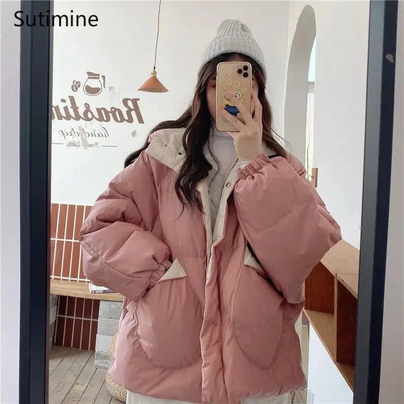 Coat Women Hooded Office Lady Cotton Padded Women Japanese Sweet Gentle Wind Thickened Pockets Button Winter Clothes Women
