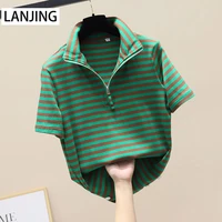 2021 summer new stand up collar striped cotton short sleeved t shirt womens korean loose top sweater streetwear