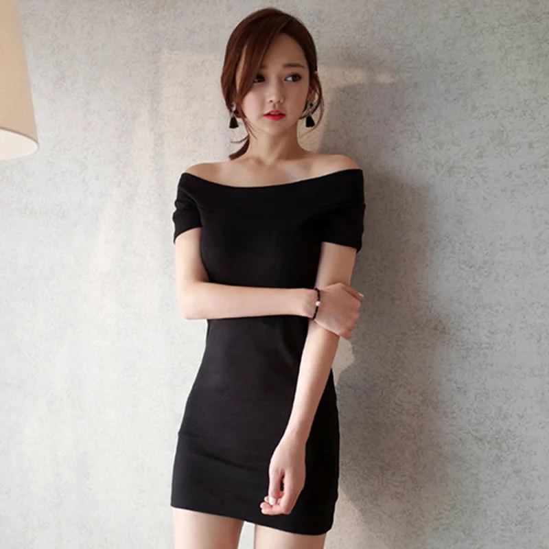 

Suer Sexy Nightclub Dress Club Short Sleeve Word Shoulder Black Dress Vestido Woen's Clothes Woan Clothing Undefined