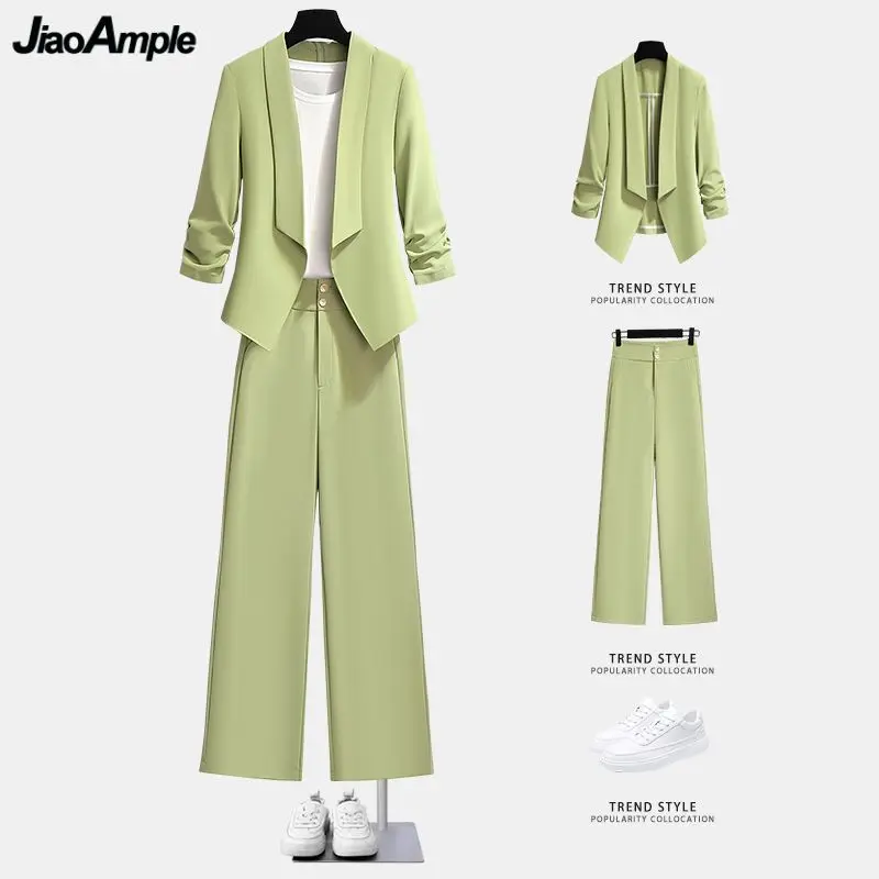 For Women Spring Summer 2023 Office Lady Graceful Green Blazer Long Pants 2 Piece Sets Work Clothing Female