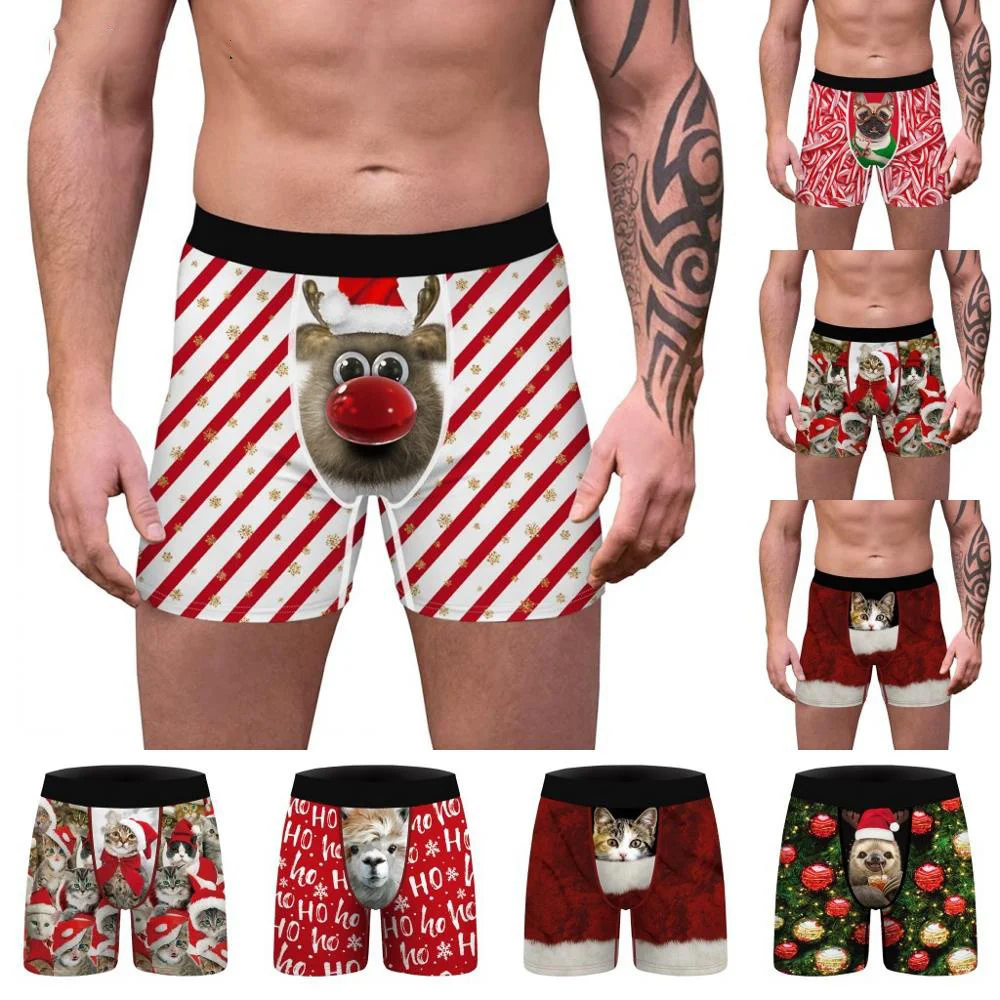 

New Sexy Christmas 3D Print Underwear Men Boxer Panties Male Breathable Shorts Boxershorts Long Underpants Calzoncillos Hombre