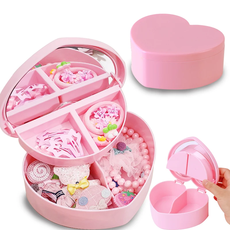

Pink Love Jewelry Storage Boxes with Mirror Women's Dressing Case Double-layers Holder Dust-proof Storage Display Box Organizer