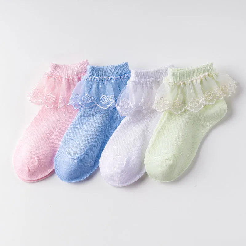 

3 Pairs/Lot Kids Socks For Girl Ruffle Ankle Socks Cotton Soft Breathable Mesh Hollow Out Princess Dance Accessories Summer
