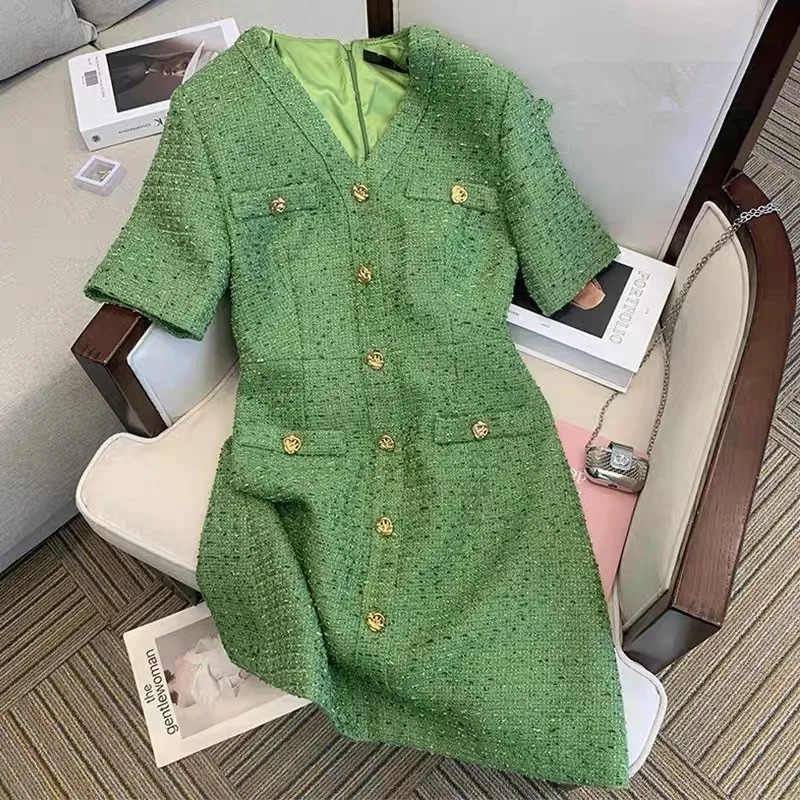 

Женское твидовое платье-трапеция JSXDHK, подиумное однобортное зеленое шерстяное платье-мини с V-образным вырезом и коротким рукавом, лето 2022