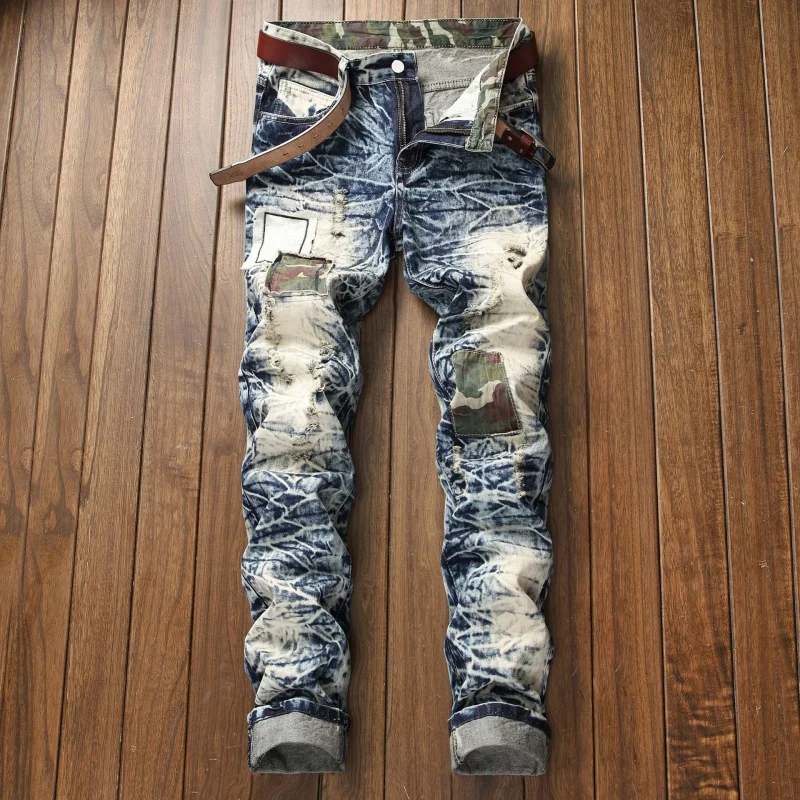 New Fashion Plus Size 42 Men Ripped Jeans Snow Wash Elastic Trousers Straight Male Patch Embroider Patch Men's Denim Trouser