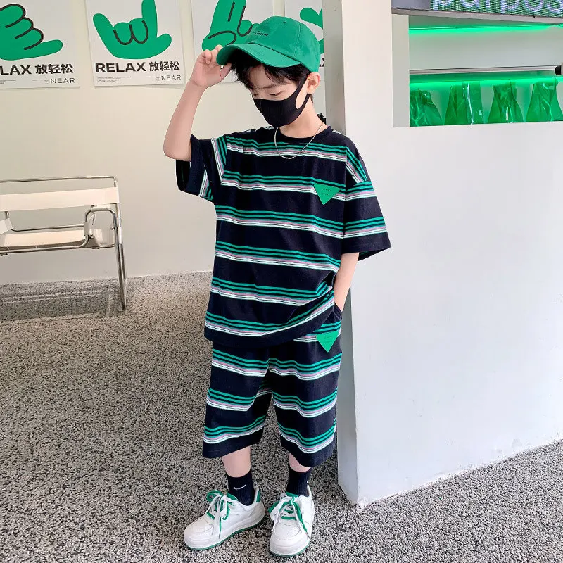Children Clothing Sets Summer Boys Short Sleeve Striped T Shirts + Shorts Loose Casual High Quality Teenage Kids Clothes Outfits