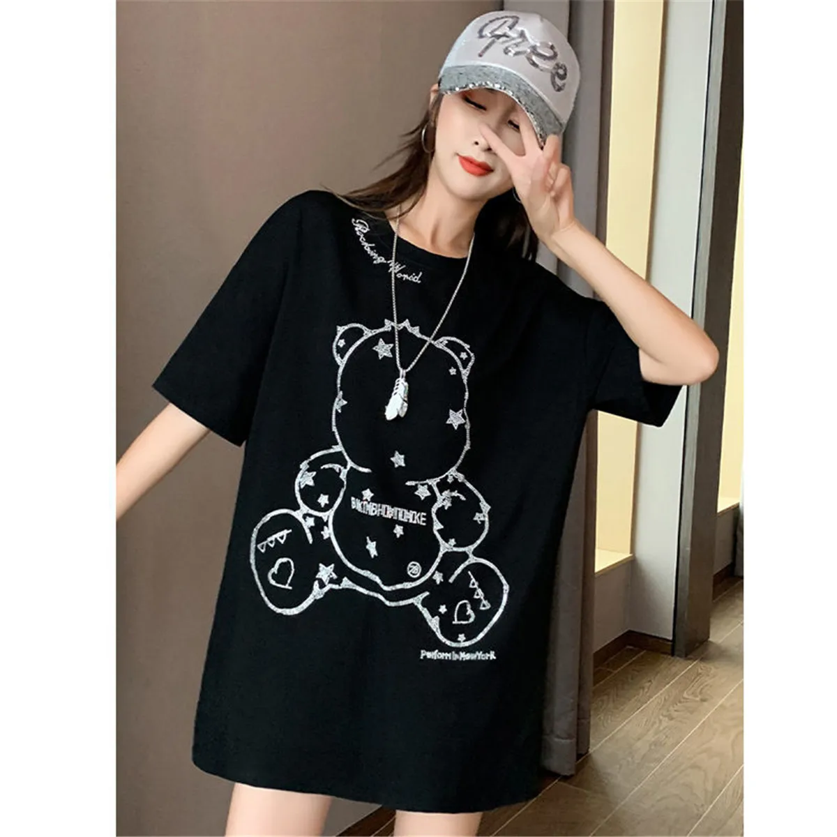 

4XL Cotton Diamonds Bear Print T Shirt Femme Gothic Tops Harajuku Loose Clothes High Street Summer Oversized T Shirt Streetwear