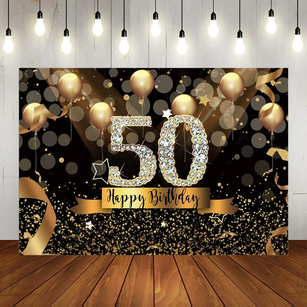 

Happy 50th Birthday Party Backdrop Black Gold Lights Balloon Banner Woman Man Background 50 Years Old Photography Poster(1)