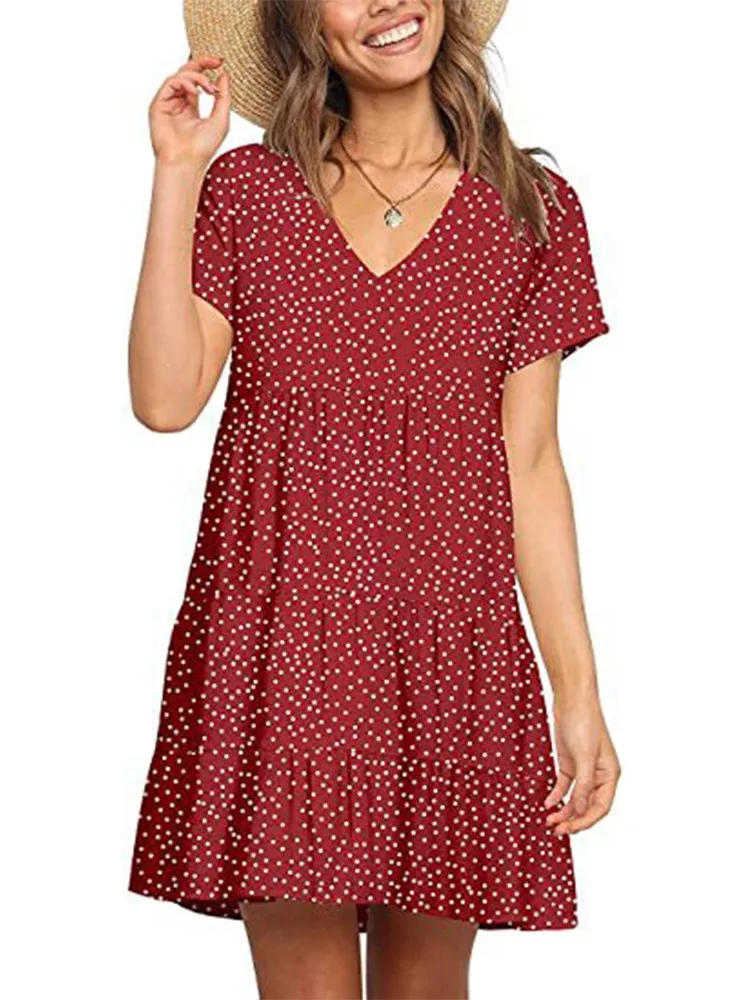 

Summer Polka Dots Mini Red Dress Women Fashion V Neck Short Sleeve Loose Boho Beach Female Plus Size Casual Short Dresses
