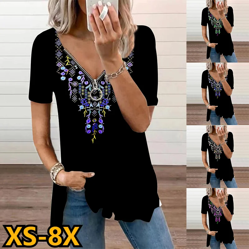 

2023 Sexy Zipper Short Sleeve New Design Printed Top Summer Women's V-neck Fashion Casual T-shirt Elegance Pullover XS-8XL