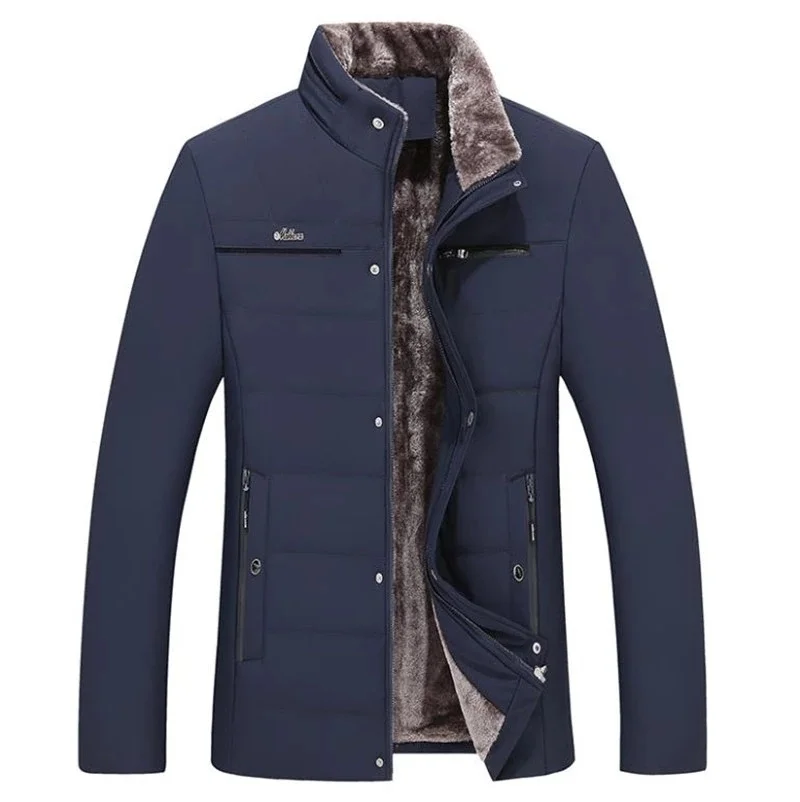 

New Winter Men Jacket Warm Fleece Business Casual Stand Up Collar Jacket Fleece Liner Warm Loose Parka Thick Coats Fur Collar