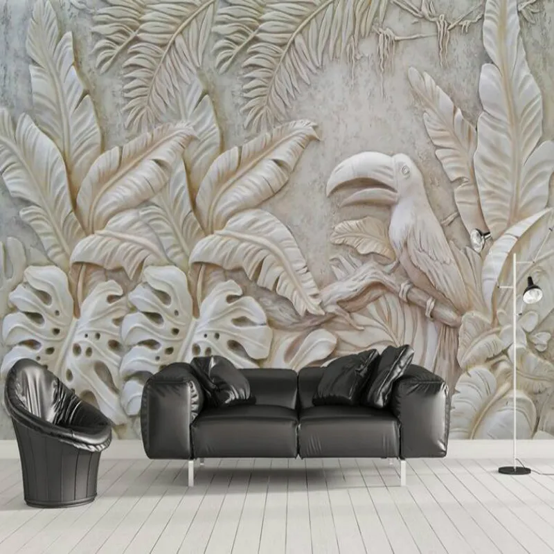 Кастомная 3D стереоскопическая серая рельефная тропическая обои с фотографией растительных листьев тукана. Модерн обои для домашнего декора.