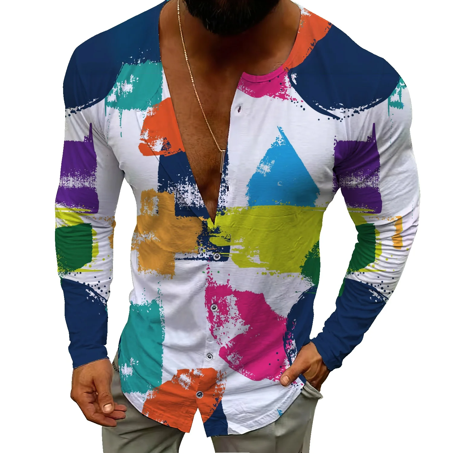 

Watercolor brushstroke graffiti print autumn and winter thin cardigan men's handsome casual sweater all-match solid color coat