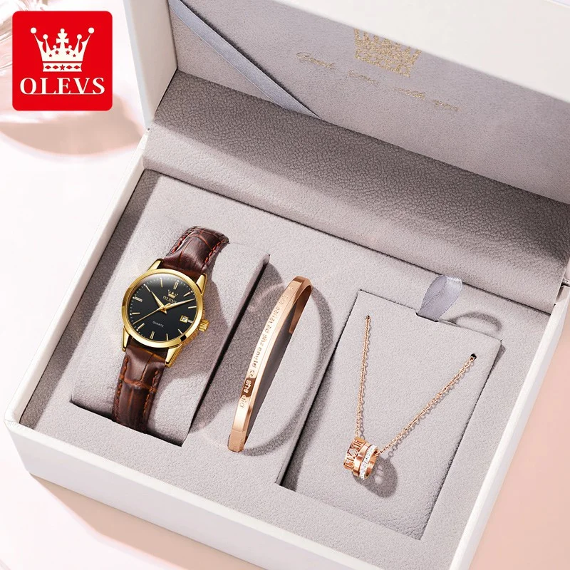 

Women's Watch S-6898 Luminous Waterproof Leather Strap Rose Gold Quartz Analog Ladies Watch Gift Box Set