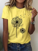 yellow t shirt with 3d dandelion flowers print and womens round neck summer novelty 2022