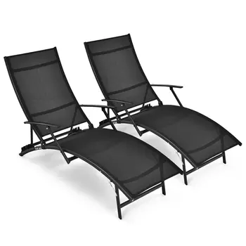 2PCS Patio Folding Lounge Chair Chaise Recliner Adjustable Stackable W/Armrest  NP10220BK-2