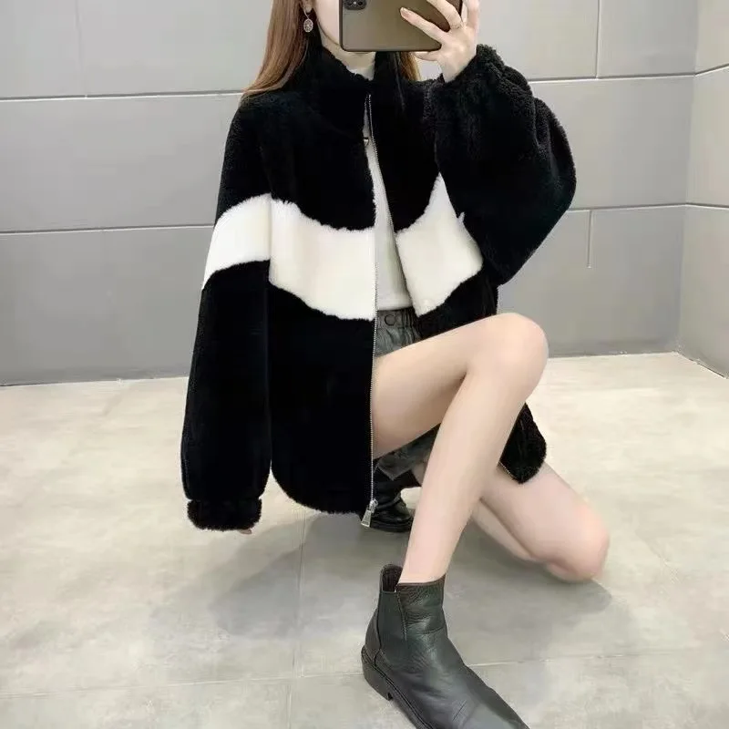 Autumn Winter New Thickened Temperate Fur Coat Female Imitation Lamb Fur Particles One Black and White Collision Color Sweater
