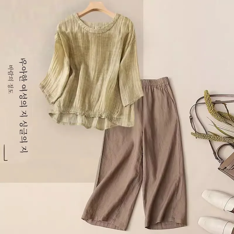 Свободный комплект из хлопка и льна для мам среднего пожилого возраста. Комплект