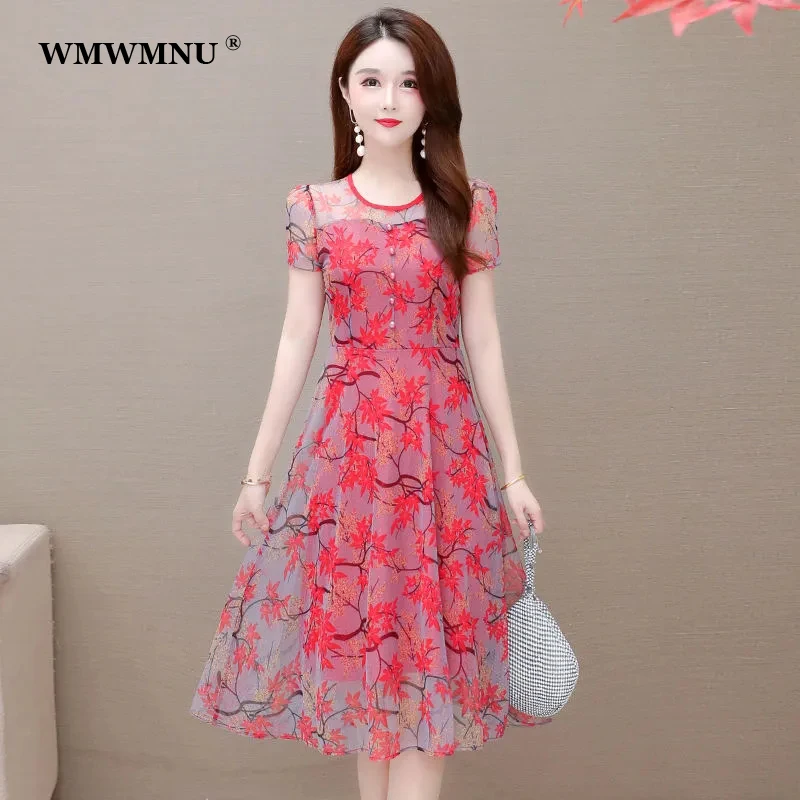 

Elegant Short Sleeve Print Dress For Women 2022 Summer New Fashion Knee-Length Mesh Dress L-5Xl Plus Size Casual A-Line Dresses