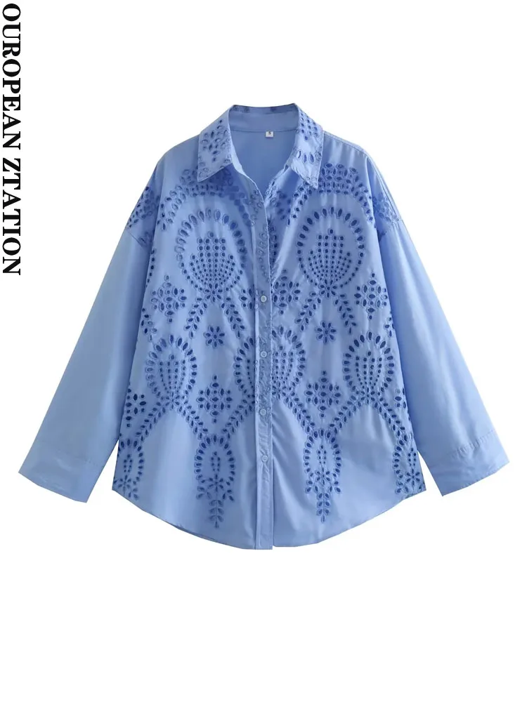 

PAILETE Women 2023 fashion cutwork embroidery loose shirts vintage long sleeve button-up female blouses blusas chic tops