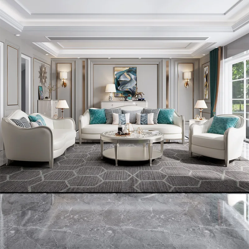 

Leather Sofa Wood Sofa Combination Furniture American Light Luxury Living Room Fully Furnished Italian Three-person Solid Fabric