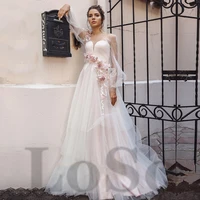 elegant wedding dress flowers puff sleeve o neck lace up appliques tulle sweetheart prom gown vestido de novia for women