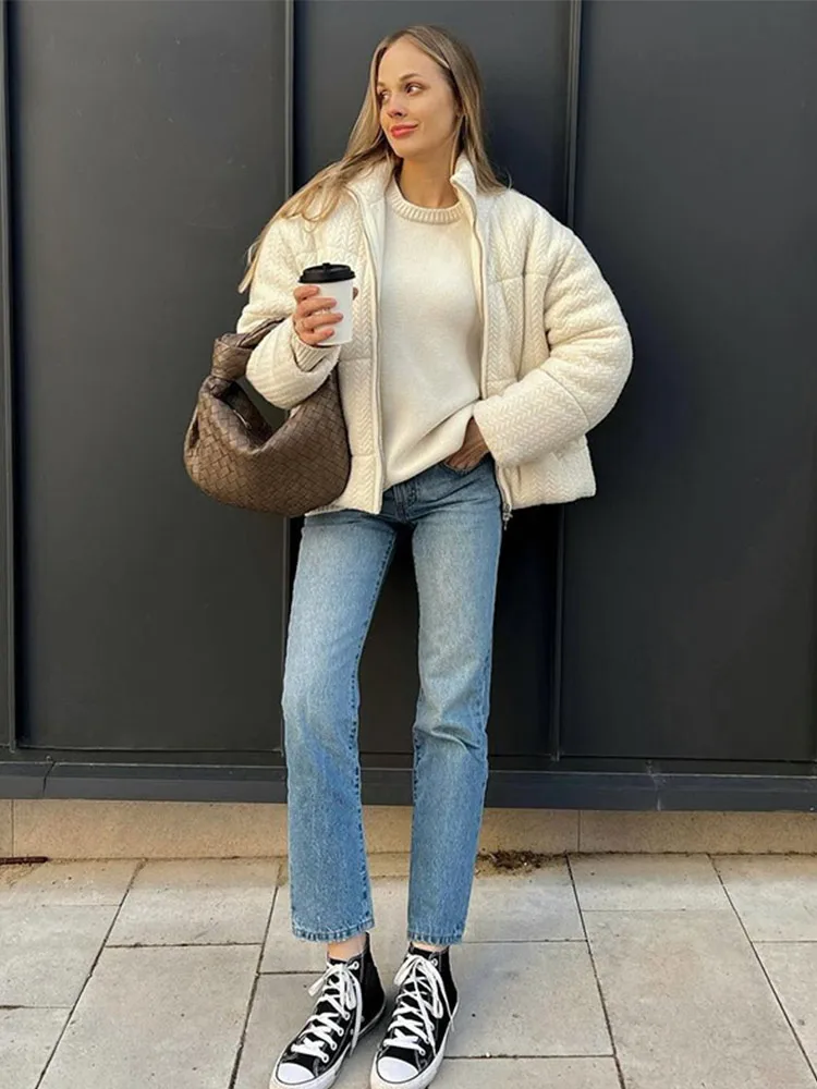 Вязаные хлопковые короткие пуховики с принтом женские утепленные однотонные