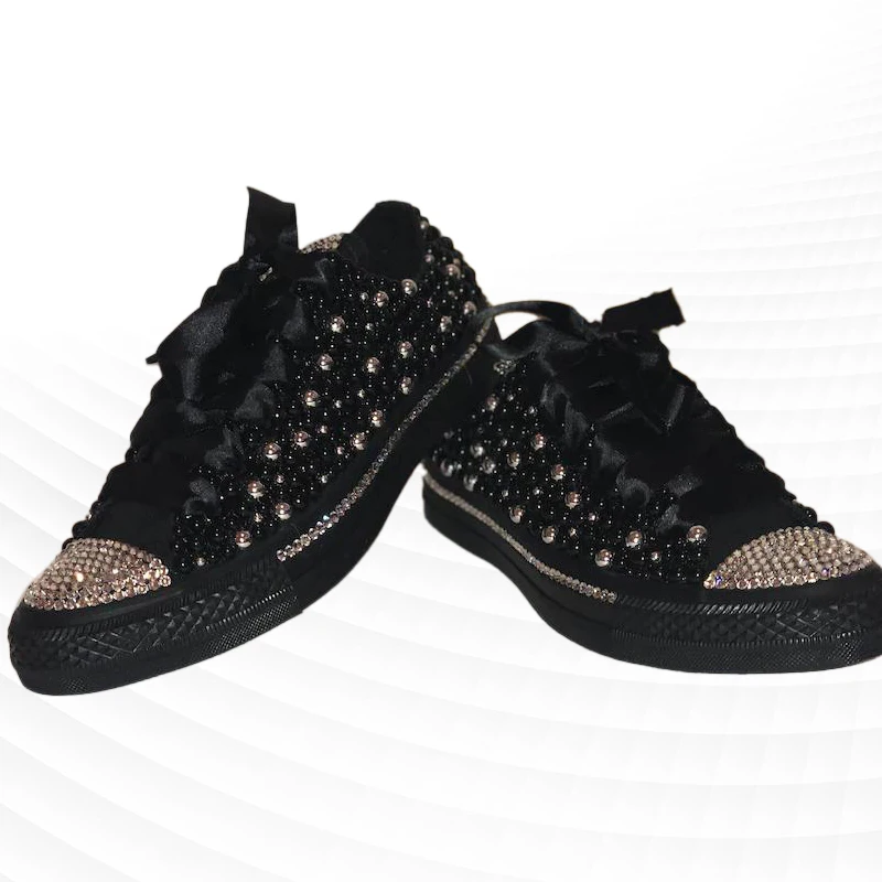 

Low-top canvas shoes handmade custom pearl stitching rhinestone ribbon casual walking shoes comfortable vulcanized shoes 35-46