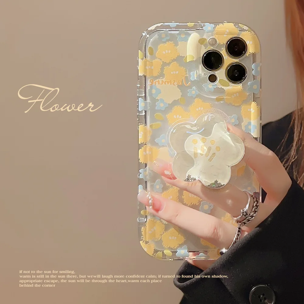 

Floral Quicksand Bracket Transparent Phone Case for iPhone 14 Plus 11 12 13 14 Pro Max Flower Women Stand Holder Cover Couqe