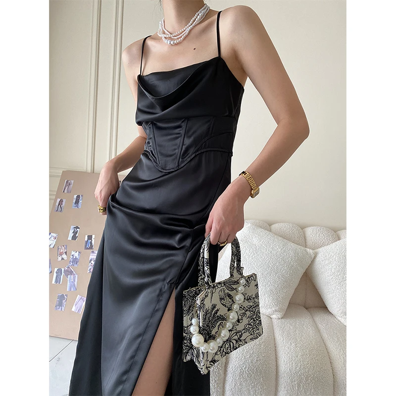 

Unireal 2022 Summer Sexy Women Satin Slip Dress Black Fashion Temperament Birthday Solid Slit Party Long Corset Dress