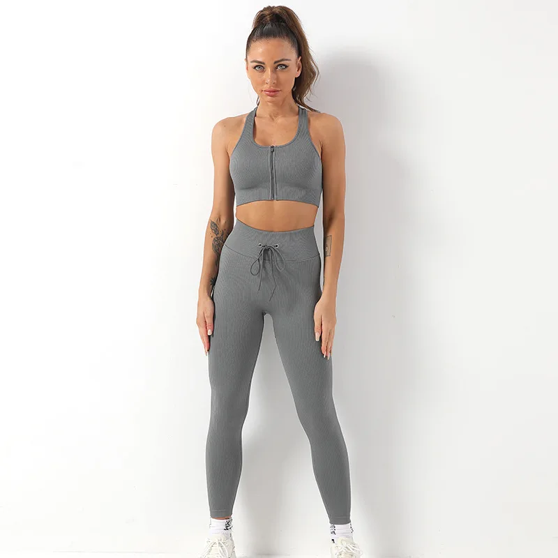 Seamless Yoga Sets Sport Fitness High Wasit Hip Raise Drawstring Pants Zipper Long Sleeve Suits Workout Gym Shorts Set for Women