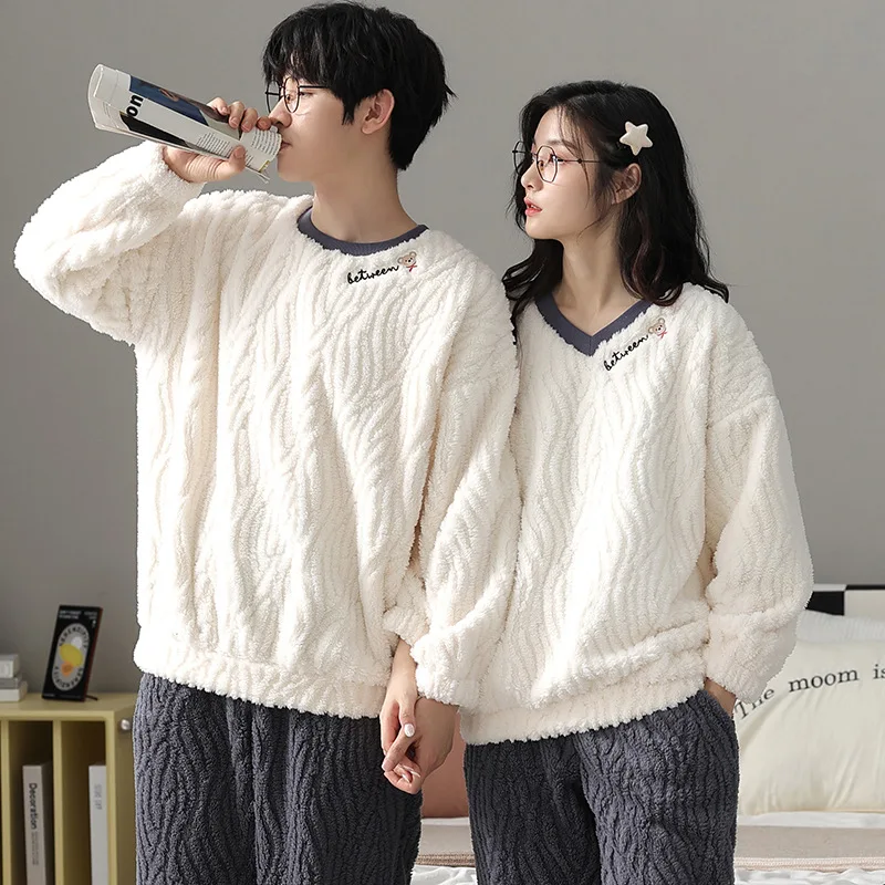Yasuk Winter Fashion Women's Men Casual Warm Soft Stripe Pullover Sleepwear Pajamas With Pants Velvet Fleecel Couple Unisex Bear