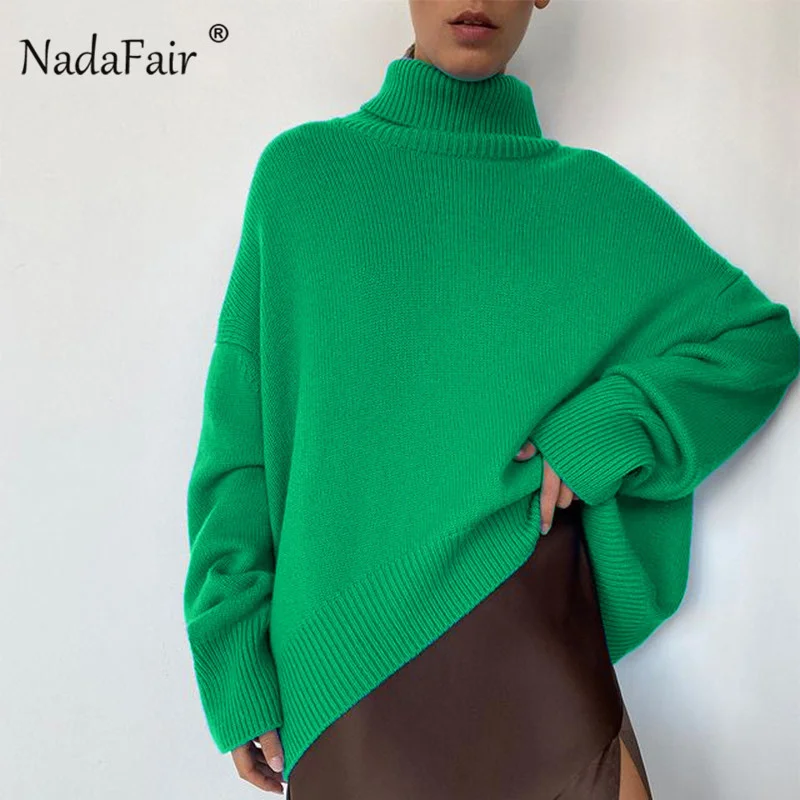 

Nadafair Oversize Sweater Women Turtleneck Autumn Long Sleeve Cutton Jumpers Casual Loose Green Knitted Winter Tops Plus Size