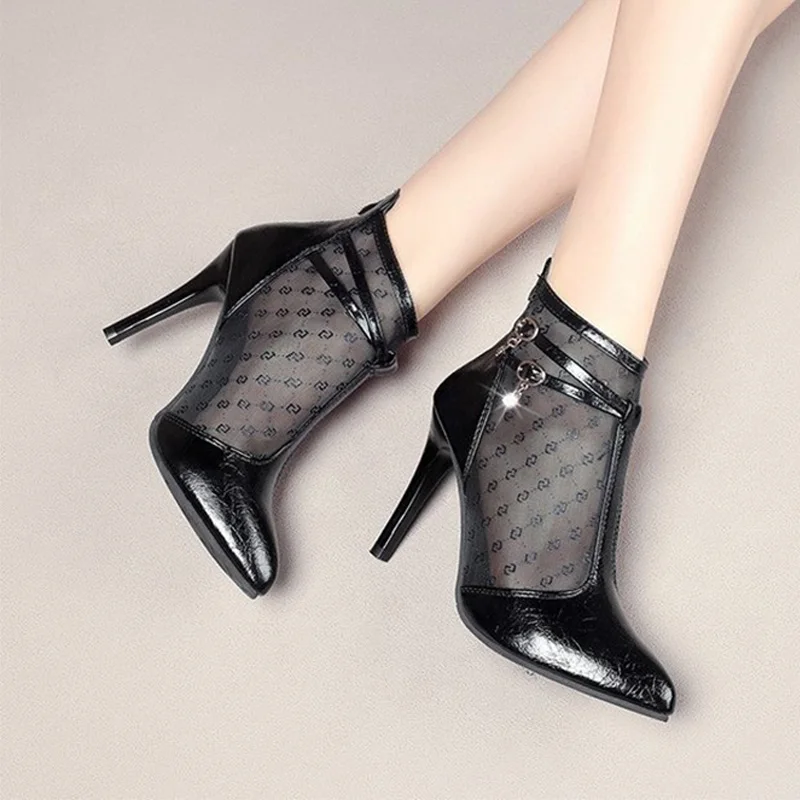 

High-Heeled Gauze Sandals For Women 2022 New Spring Winter Fashion Designed Point Toes Hollow Out Diamond Anilox Printing Shoes