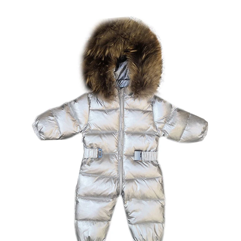 Baby Boys & Girls One-Piece Down Jacket for 1-3Y Zipper Clothes Thick Silver Waterproof Suit Removable Fur Collar Toddler Outfit