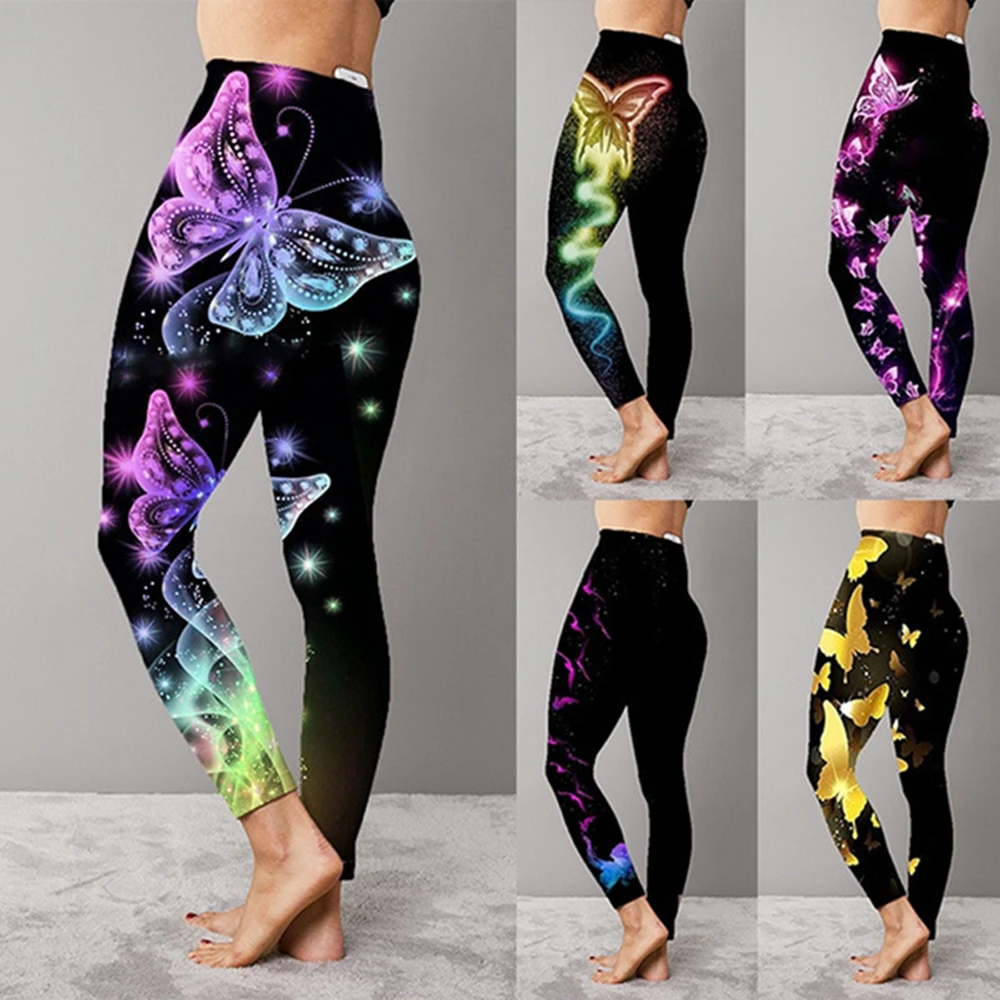 Fashion Women's Ninth Pants High Waist Stretch Pants Abdominal Sports Pants Butterfly Colorful Printing Yoga Leggings