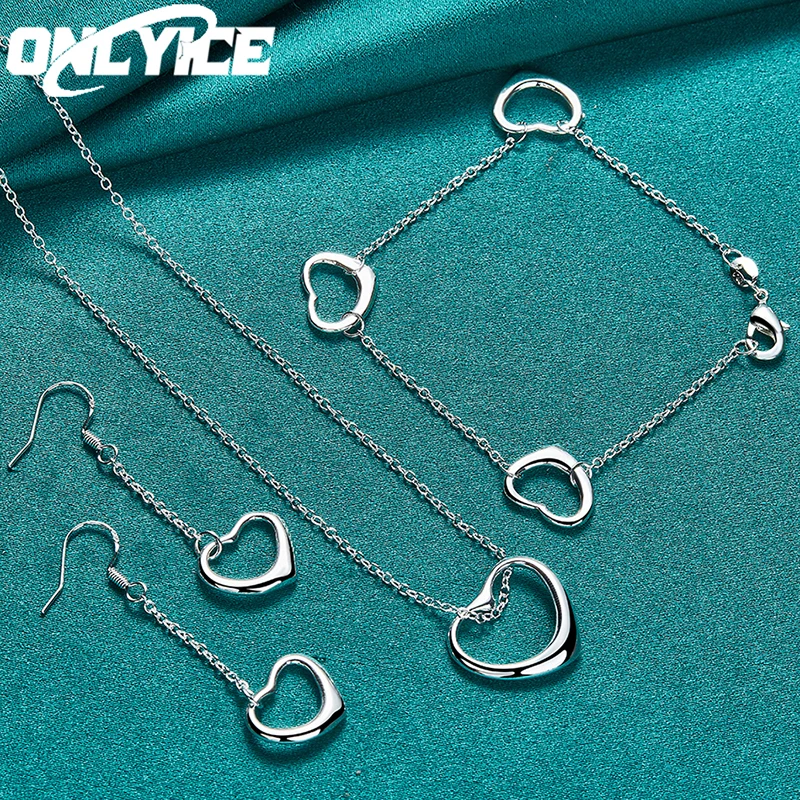 

3pcs Fashion 925 Sterling Silver Cute Solid Heart Necklace Earring Bracelet Jewelry Sets For Women Wedding Valentine's Day Gifts