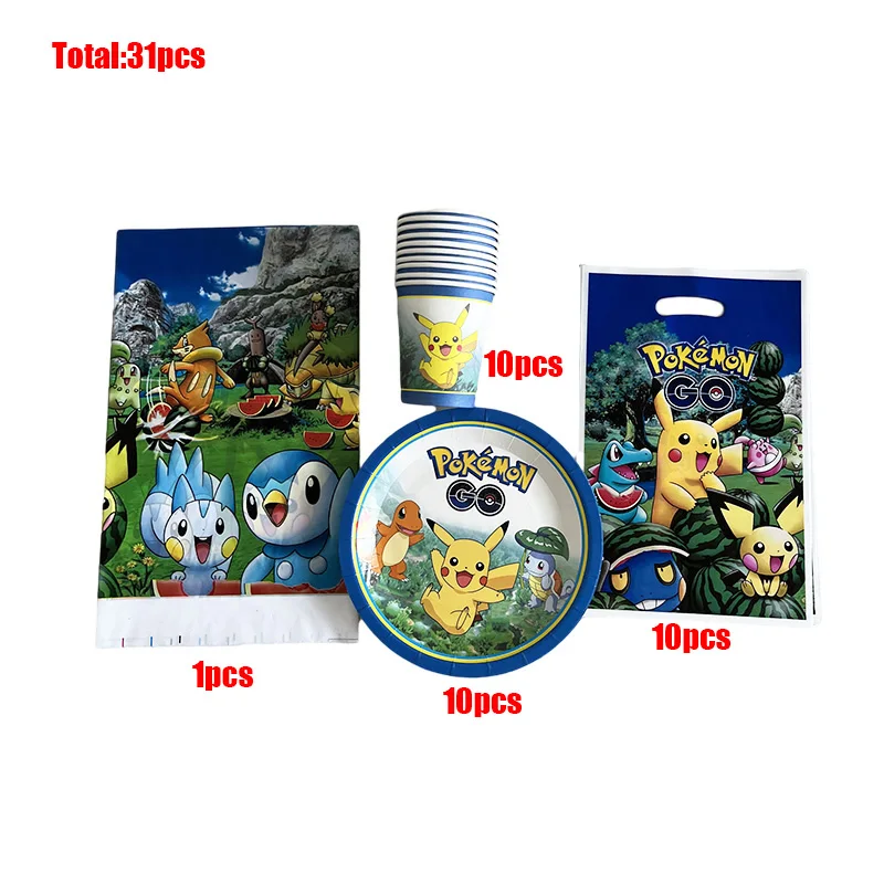 

For 10/20 Kids Pokemon Happy Birthday Party Supplies Disposable Tableware Decoration Paper Cups Plates Straws Tablecloth Set