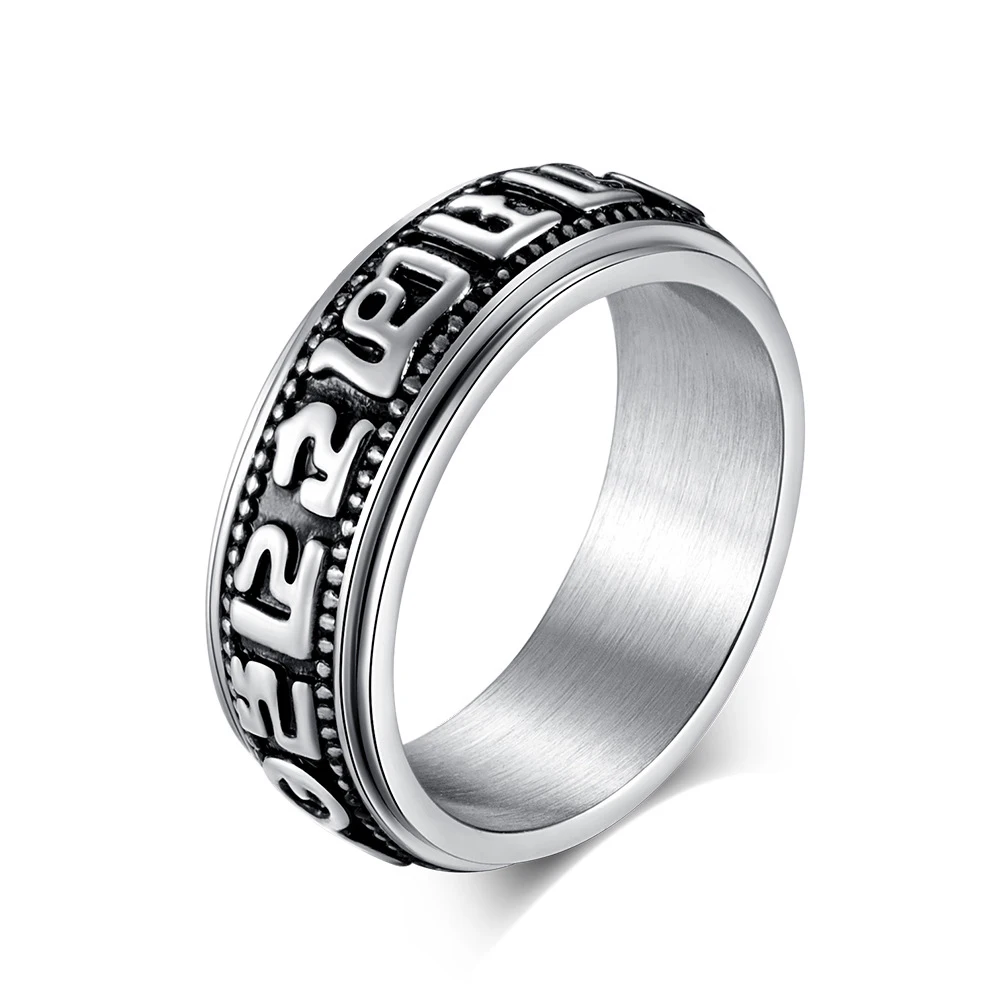 

Spinner Men Ring Stainless Steel Six Words Mantra Rotatable Rings Buddhism Religious Tibetan Jewelry Accessories