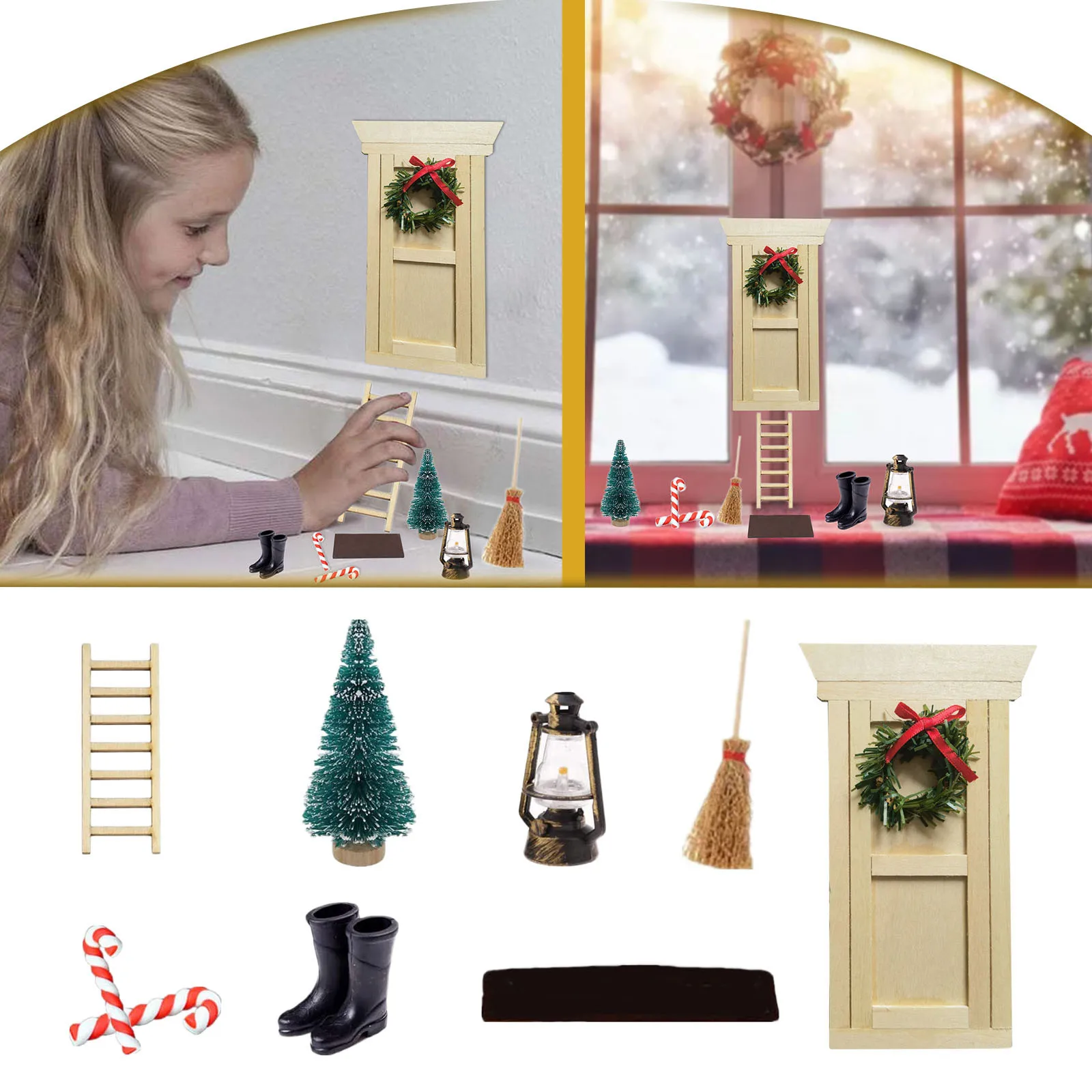 

9 шт./компл. домик для кукольной елки, сапоги, венок, сосна, Санта-Клаус, коврик, метла, миниатюрный кукольный домик, рождественские Аксессуары...