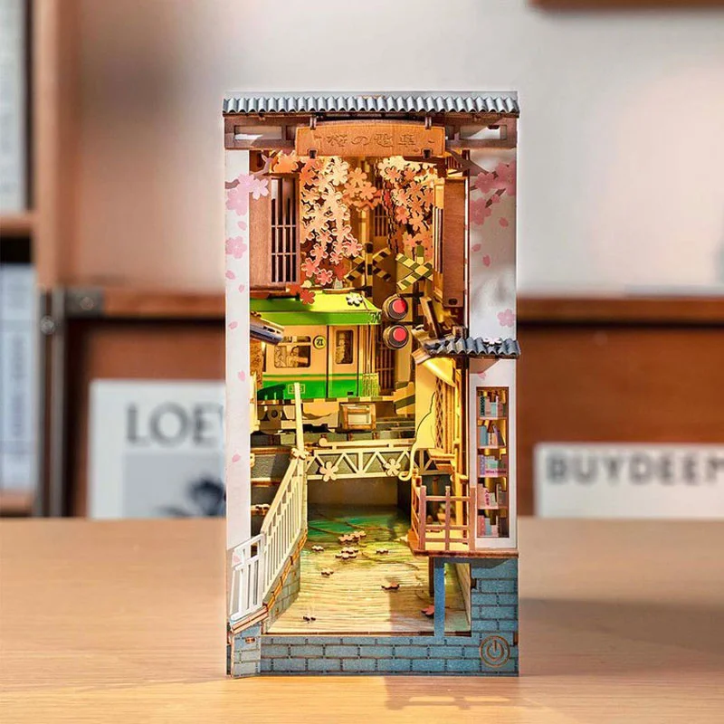 

New Wooden Book Nook Miniature Dollhouse Bookend Stand DIY Magic Train Bookshelf Insert Model Building Kit Home Decoration Gifts