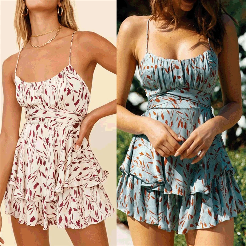 Leaves Print Bowknot Tiered Blue Boho Romper Women Summer Wide Leg Playsuit Casual Sleeveless Sexy Beach Romper Backless Overall