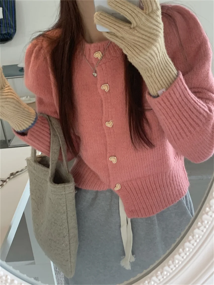 

Alien Kitty 2022 Knitted Gentle Women Sweaters OL Hearts Buttons Chic Office Lady Autumn Cardigans Puff Sleeve Sweet Coats