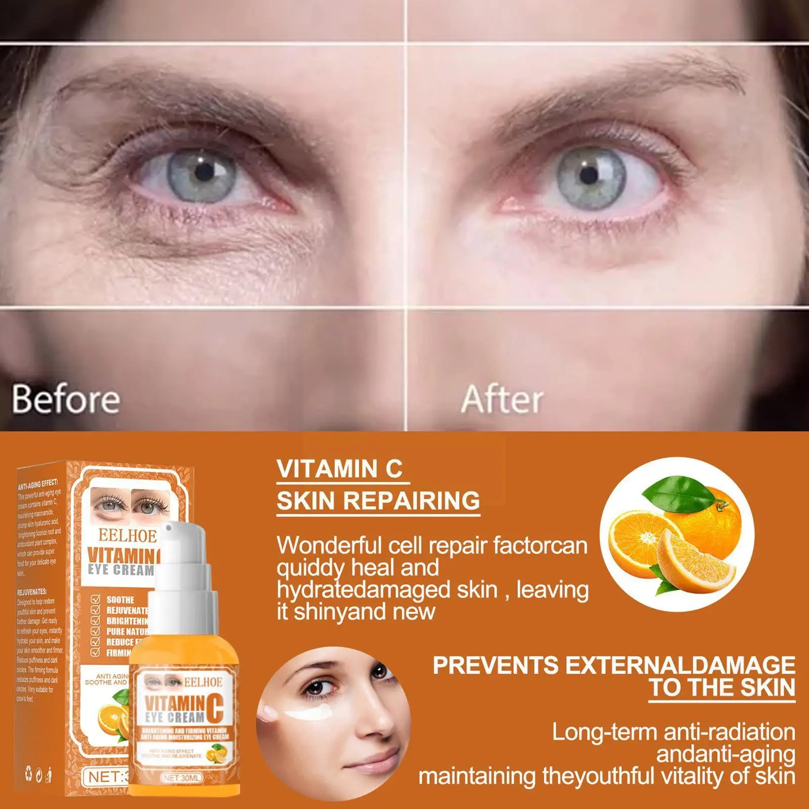 

Vitamin C Eye Cream Dark Circles Removal Whitening Anti-wrinkle Brightening Eye Care Firm Moisturizing Serum Eye Bags Fade T1d2