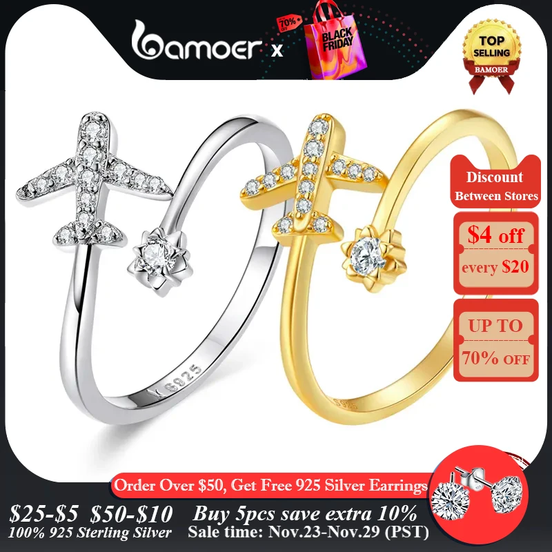 

bamoer Genuine 925 Sterling Silver Flying Plane Open Finger Rings for Women Clear CZ Adjustable Rings Fine Jewelry Bijoux SCR623