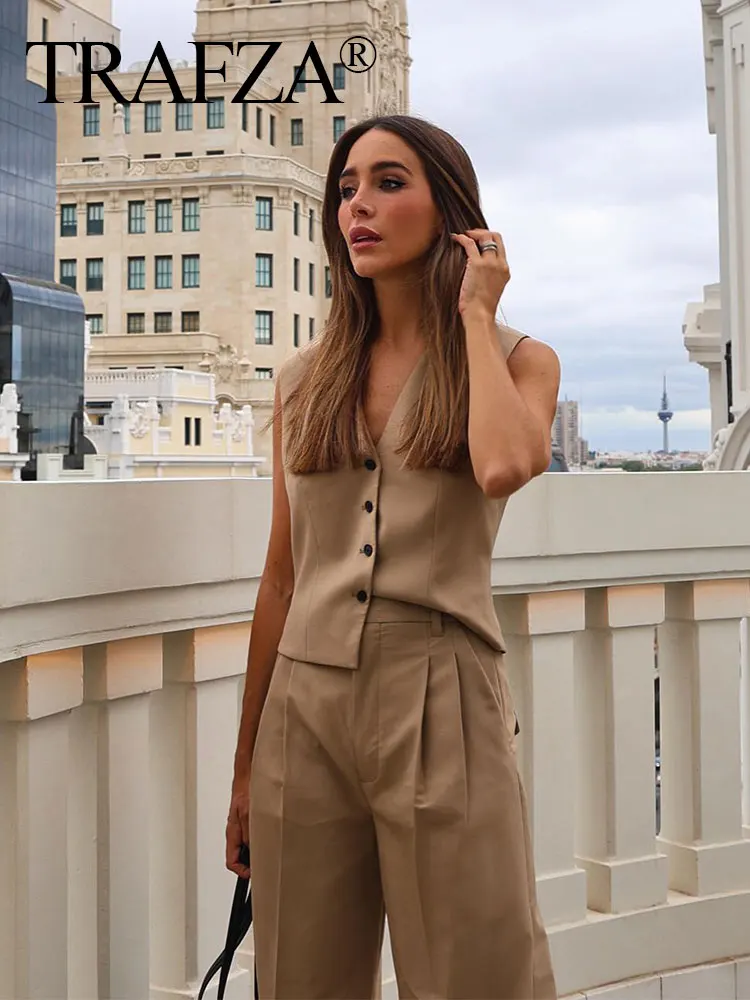 

TRAF ZA Women Fashion Vests Summer New Khaki Sheath Cropped Vest Woman With Buttons Formal Cool High Street Women's Vests