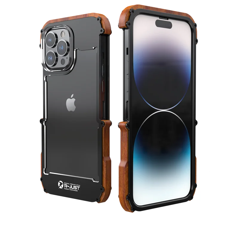 

R-JUST Luxury Ironwood 1st Metal Frame Case for iPhone 14 Pro Max XR 11 12 13 Pro 14 Plus Shockproof Contrast Metal & Wood Case
