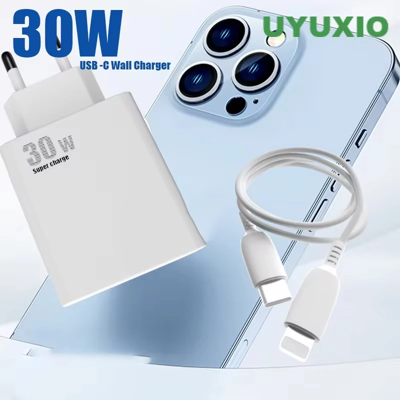 Быстрое Зарядное Устройство UYUXIO USB C PD 30 Вт С Кабелем Для Samsung iPad iPhone 15 Pro Max 14 Plus 13 12 11